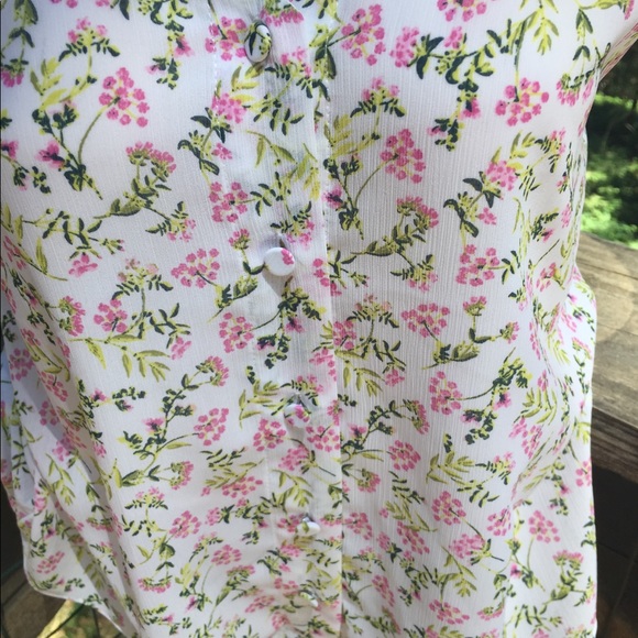 J. Crew pink floral on white chiffon  corset peasant top rose  puff sleeve - Picture 5 of 9